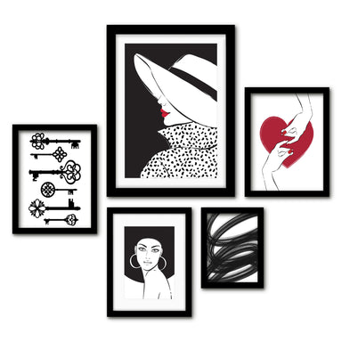 Americanflat 5 Piece Black Framed Gallery Wall Art Set - Black, White & Red Abstract Feminine Wire Art