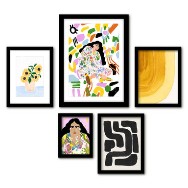Americanflat 5 Piece Black Framed Gallery Wall Art Set - Colorful Abstract Botanical Woman