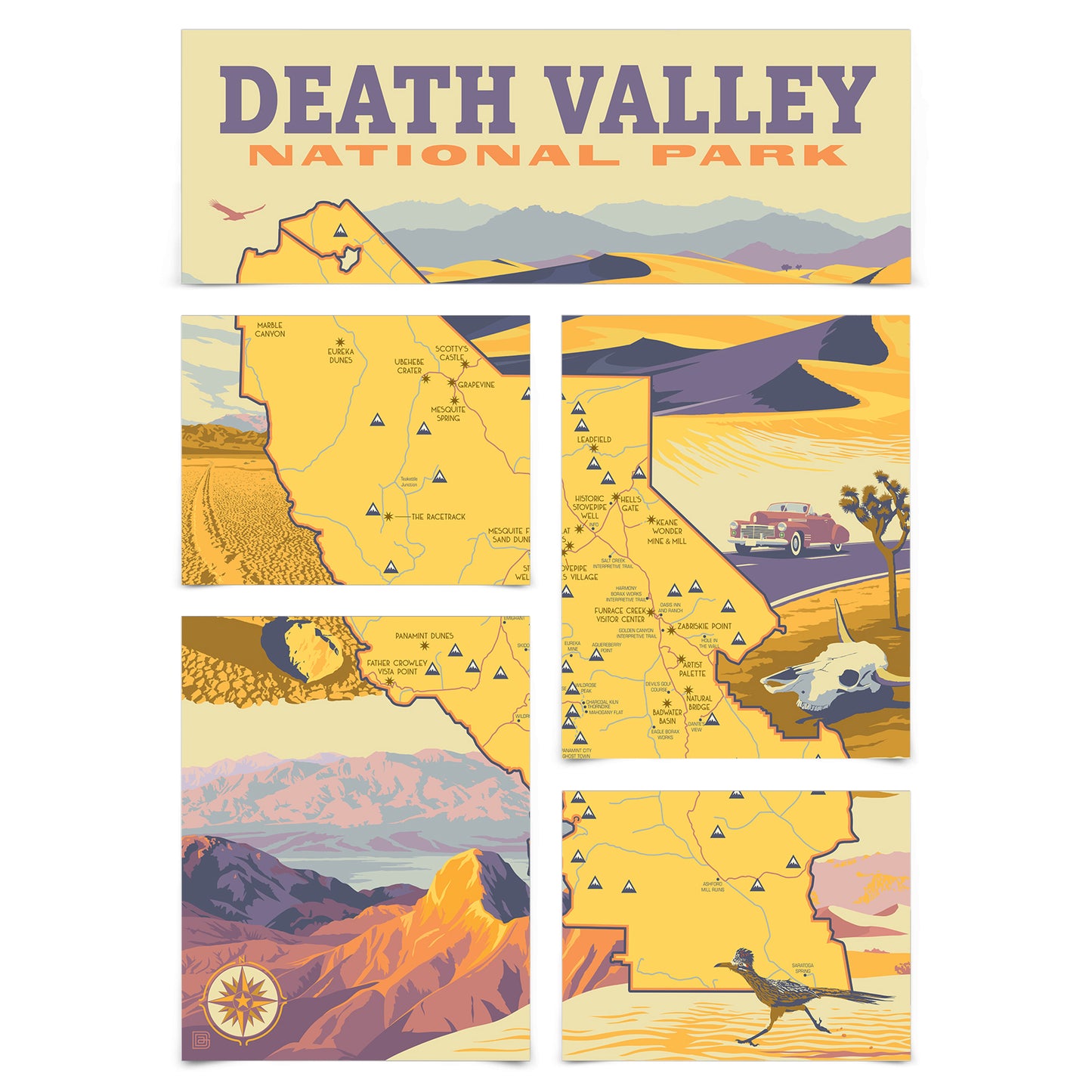 Death Valley National Park Illustrated Map 5 Piece Grid Wall Art Room Decor Set  - Print