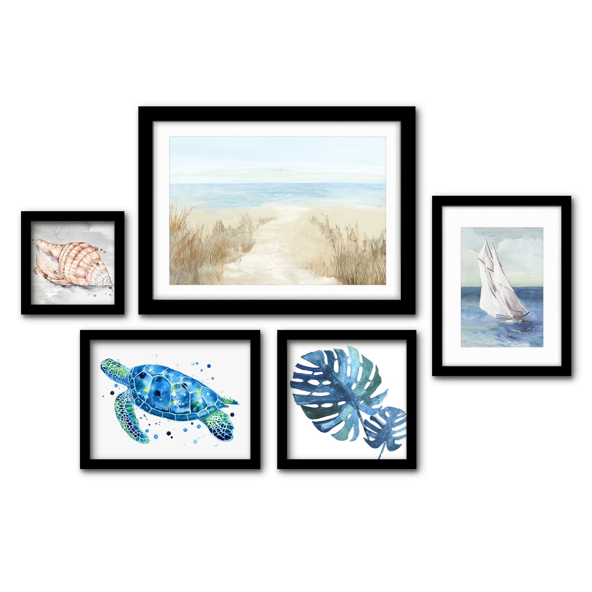 Americanflat 5 Piece Black Framed Gallery Wall Art Set - Blue Coastal Nature Sailing