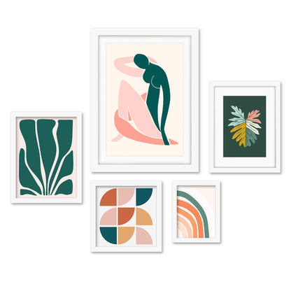 Americanflat 5 Piece Black Framed Gallery Wall Art Set - Pink & Green Abstract Woman Shapes