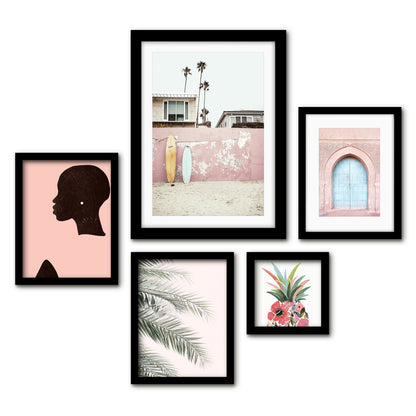 Americanflat 5 Piece Black Framed Gallery Wall Art Set - Pink Botanical Beach Woman