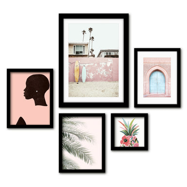 Americanflat 5 Piece Black Framed Gallery Wall Art Set - Pink Botanical Beach Woman