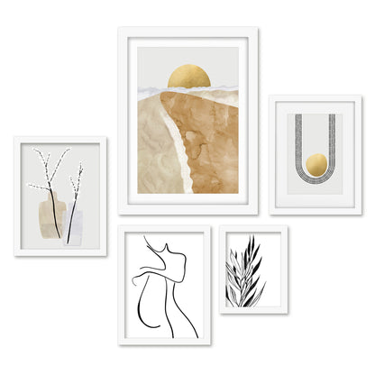 Americanflat 5 Piece Black Framed Gallery Wall Art Set - Black & Gold Abstract Floral Shapes
