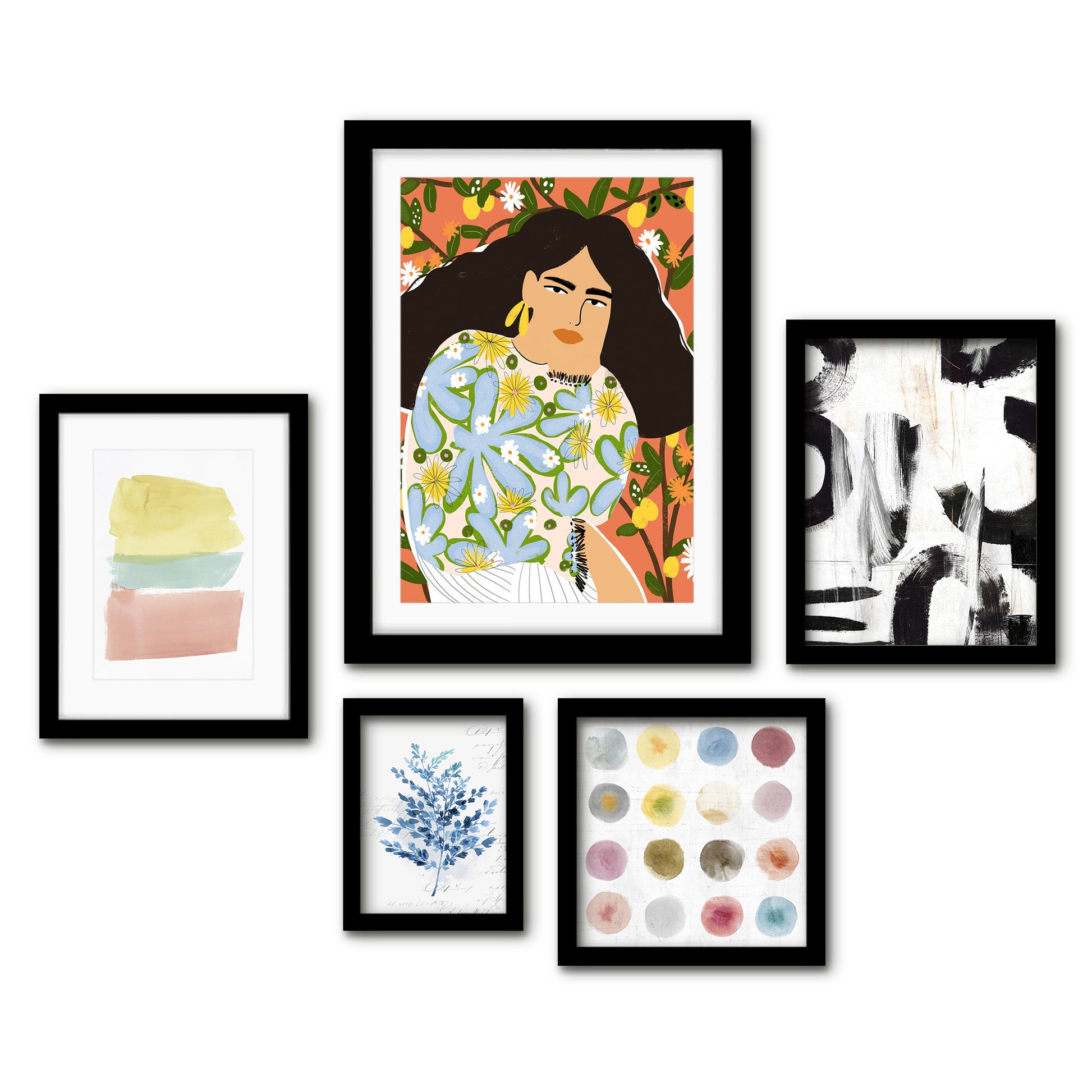 Americanflat 5 Piece Black Framed Gallery Wall Art Set - Pastel Abstract Floral Woman