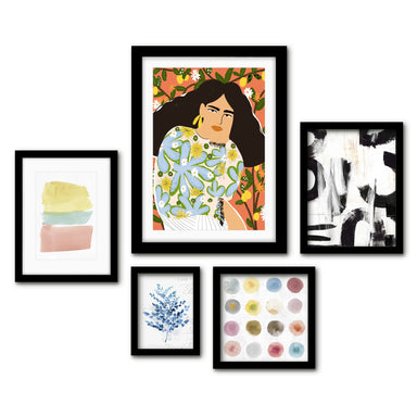 Americanflat 5 Piece Black Framed Gallery Wall Art Set - Pastel Abstract Floral Woman