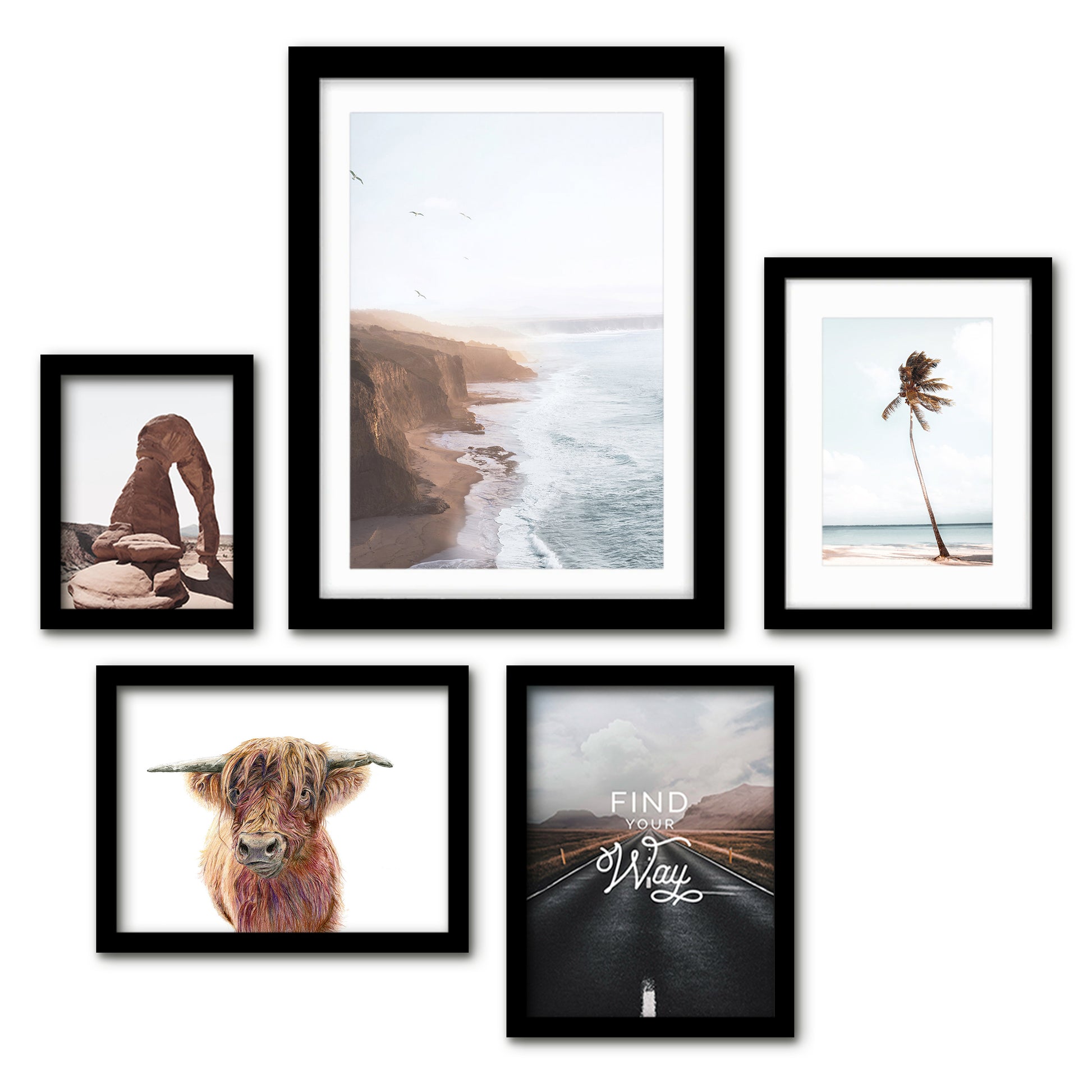 Americanflat 5 Piece Black Framed Gallery Wall Art Set - Brown & Lightblue Coastal Animal Adventure