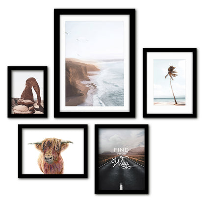 Americanflat 5 Piece Black Framed Gallery Wall Art Set - Brown & Lightblue Coastal Animal Adventure