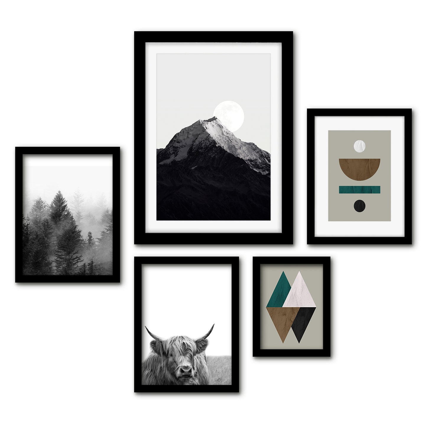 Americanflat 5 Piece Black Framed Gallery Wall Art Set - Black & White L&scape & Earth Tones Abstract Nature
