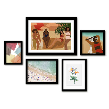 Americanflat 5 Piece Black Framed Gallery Wall Art Set - Female Beach Monstera