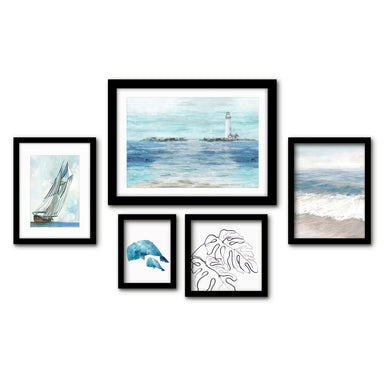 Americanflat 5 Piece Black Framed Gallery Wall Art Set - Ocean Sailing Lighthouse