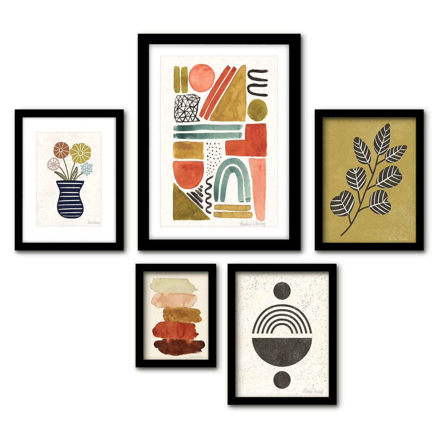 Americanflat 5 Piece Black Framed Gallery Wall Art Set - Colorful Abstract Floral Shapes