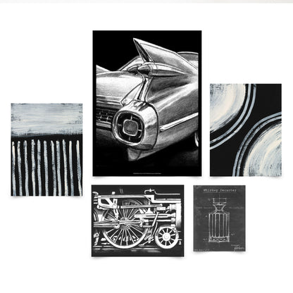 5 Piece Poster Gallery Wall Art Set - Black Masculine Abstract Engines - Print