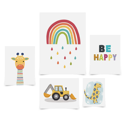 5 Piece Poster Gallery Wall Art Set - Colorful Happy Adventure Animals - Print