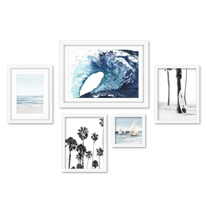 Americanflat 5 Piece Black Framed Gallery Wall Art Set - Blue Ocean Surf Boat