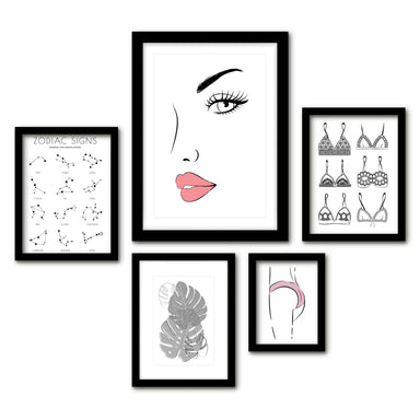 Americanflat 5 Piece Black Framed Gallery Wall Art Set - Black & White Feminine Botanical Astrology