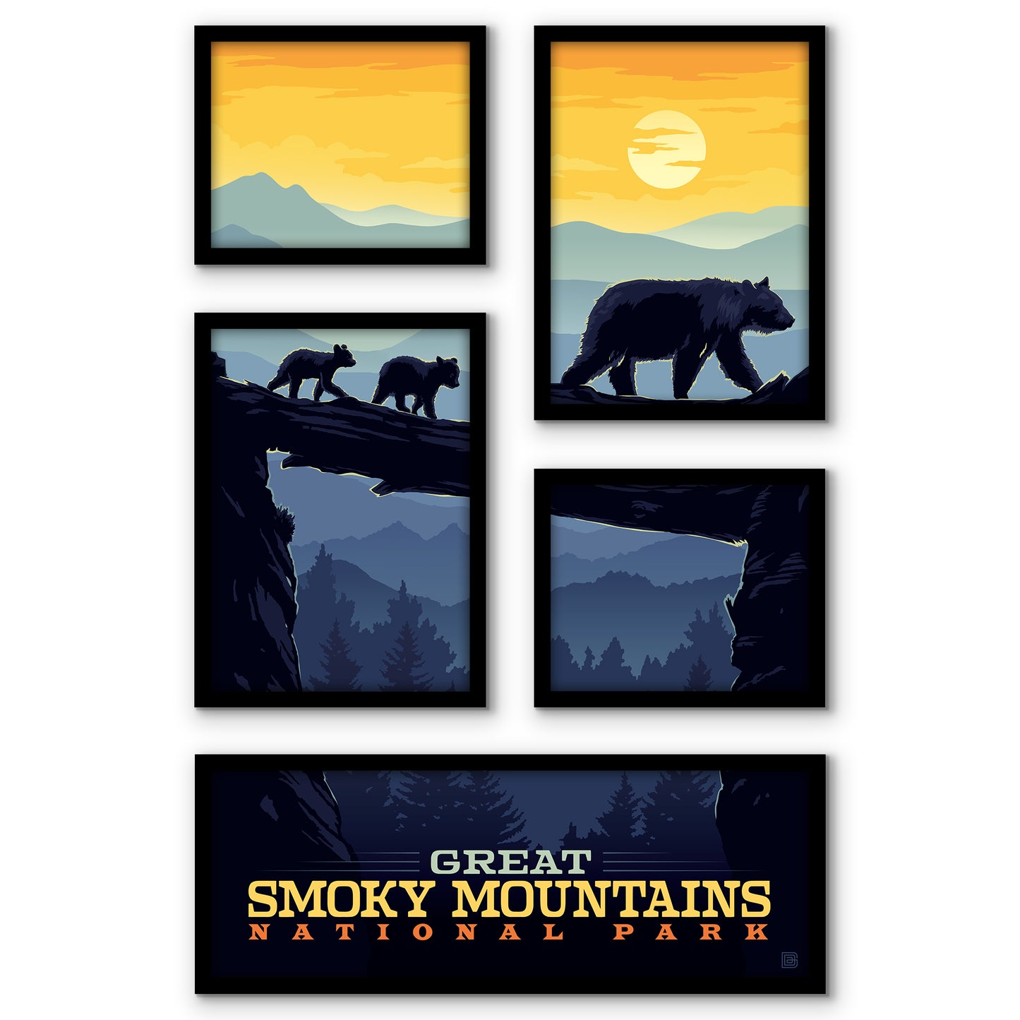 Great Smoky Mountains National Park Bear Crossing Sunset 5 Piece Grid Wall Art Room Decor Set - Framed