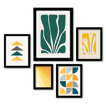 Americanflat 5 Piece Black Framed Gallery Wall Art Set - Yellow & Green Abstract Shapes Peace