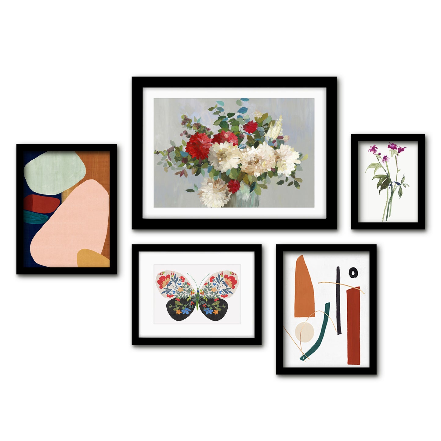 Americanflat 5 Piece Black Framed Gallery Wall Art Set - Watercolor Abstract Floral Woman Sillouhette
