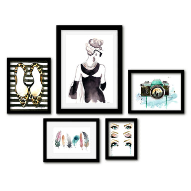 Americanflat 5 Piece Black Framed Gallery Wall Art Set - Watercolor Feminine Shoes & Camera