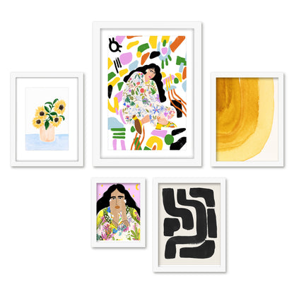 Americanflat 5 Piece Black Framed Gallery Wall Art Set - Colorful Abstract Botanical Woman