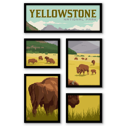 Yellowstone National Park 5 Piece Grid Wall Art Room Decor Set  - Framed