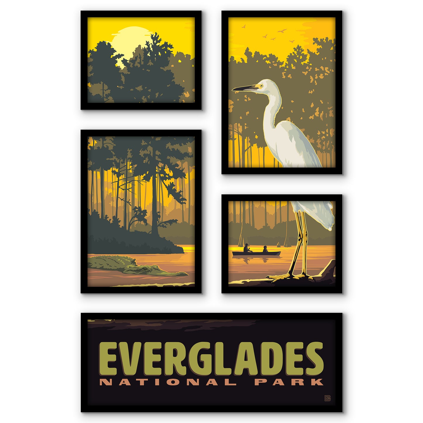 Everglades National Park Egret Sunset 5 Piece Grid Wall Art Room Decor Set  - Framed