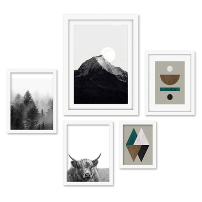 Americanflat 5 Piece Black Framed Gallery Wall Art Set - Black & White Landscape & Earth Tones Abstract Nature