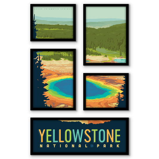 Yellowstone National Park Grand Prismatic Springs 5 Piece Grid Wall Art Room Decor Set  - Framed