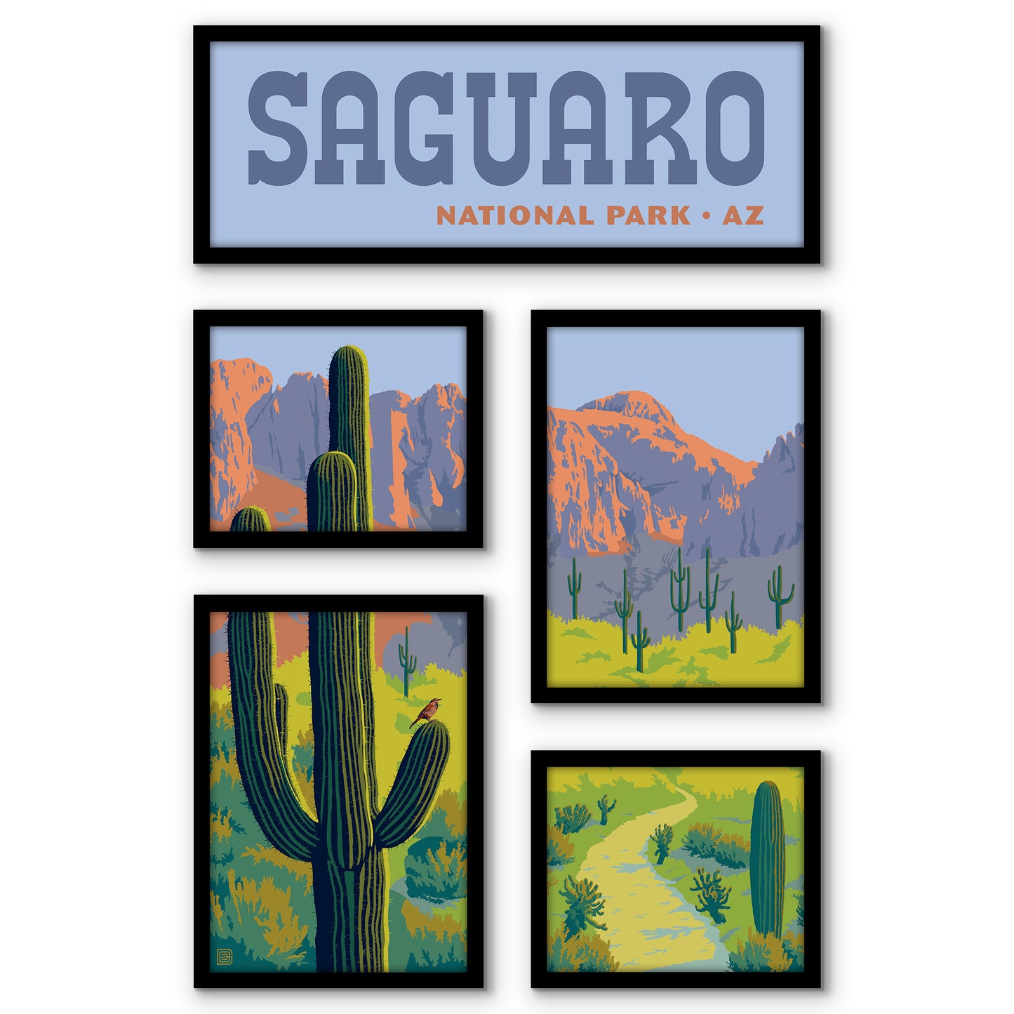 Saguaro National Park Cactus 5 Piece Grid Wall Art Room Decor Set  - Framed