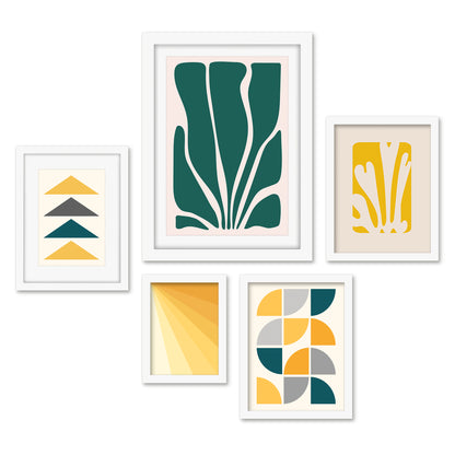 Americanflat 5 Piece Black Framed Gallery Wall Art Set - Yellow & Green Abstract Shapes Peace