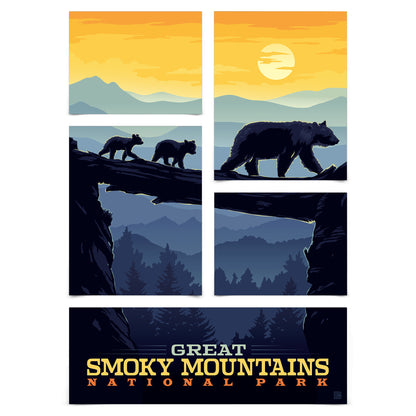 Great Smoky Mountains National Park Bear Crossing Sunset 5 Piece Grid Wall Art Room Decor Set - Print