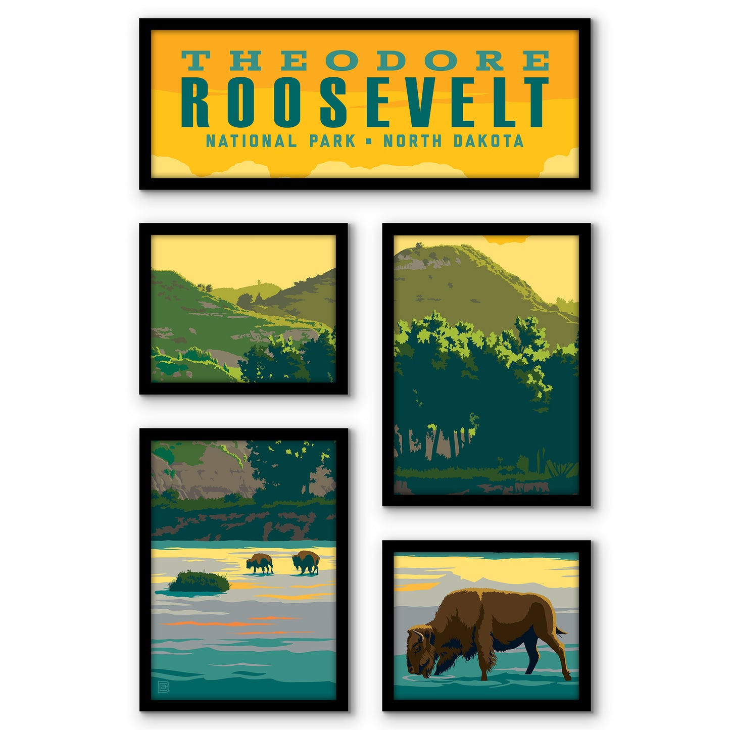 Theodore Roosevelt National Park 5 Piece Grid Wall Art Room Decor Set  - Framed