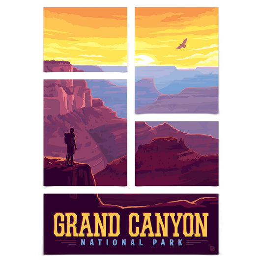 Grand Canyon Sunset National Park 5 Piece Grid Wall Art Room Decor Set  - Print