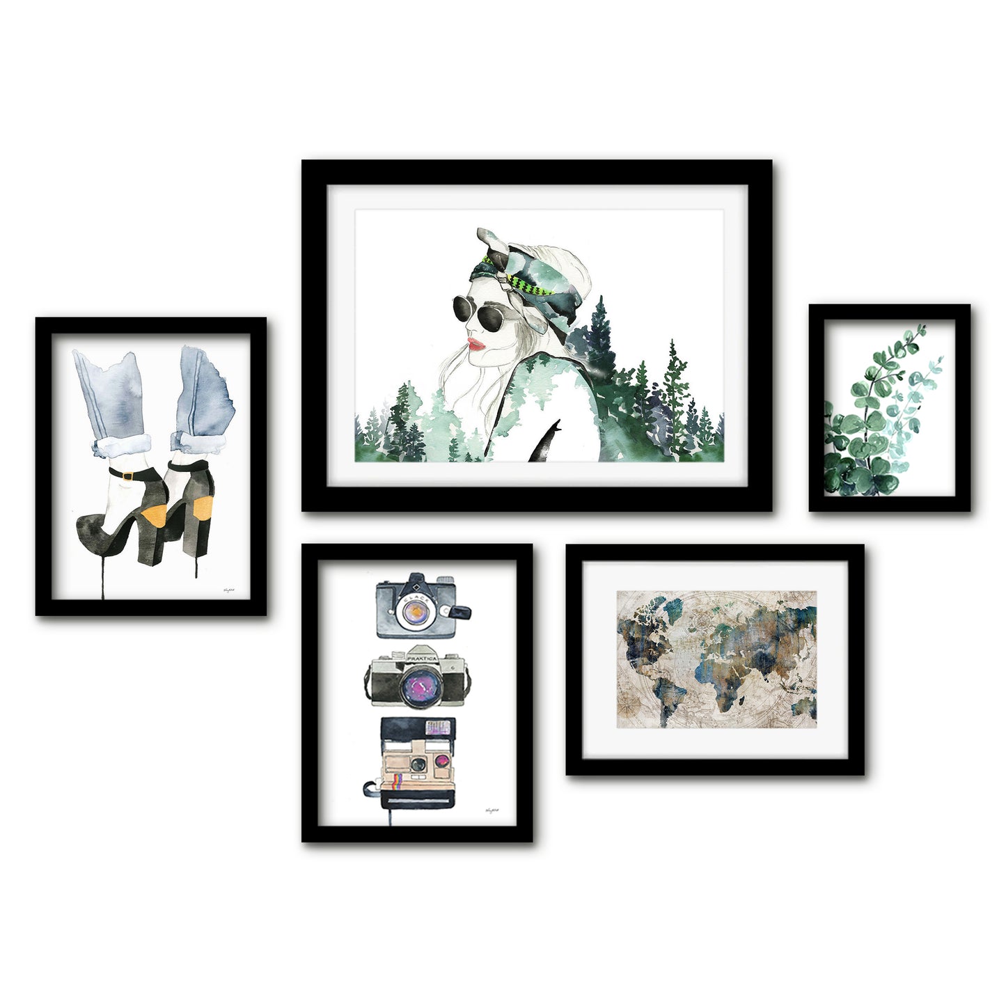Americanflat 5 Piece Black Framed Gallery Wall Art Set - Watercolor Natural Female Travel