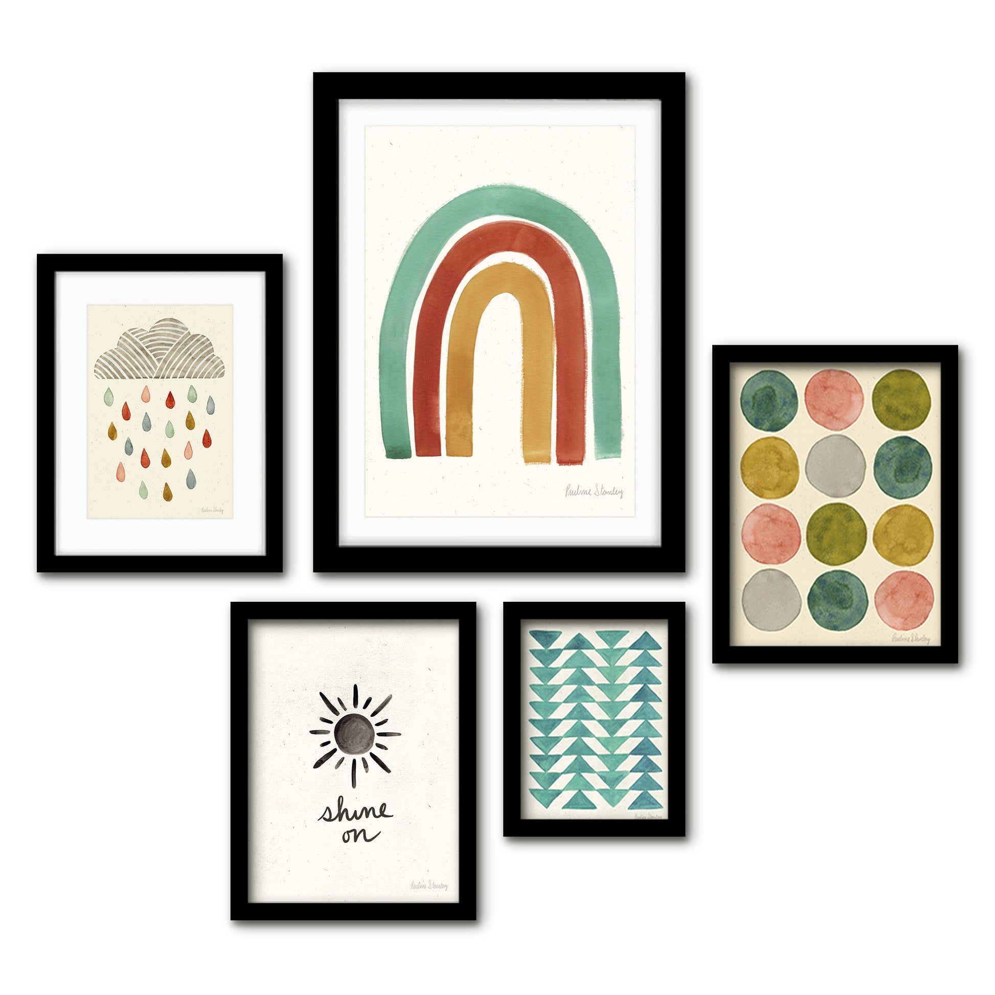 Americanflat 5 Piece Black Framed Gallery Wall Art Set - Colorful Rainbow Shapes Wire Art