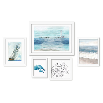 Americanflat 5 Piece Black Framed Gallery Wall Art Set - Ocean Sailing Lighthouse