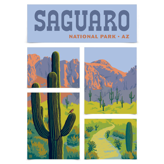 Saguaro National Park Cactus 5 Piece Grid Wall Art Room Decor Set  - Print
