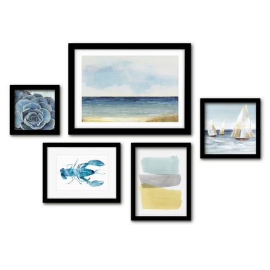 Americanflat 5 Piece Black Framed Gallery Wall Art Set - Blue Coastal Sailboat Anchor