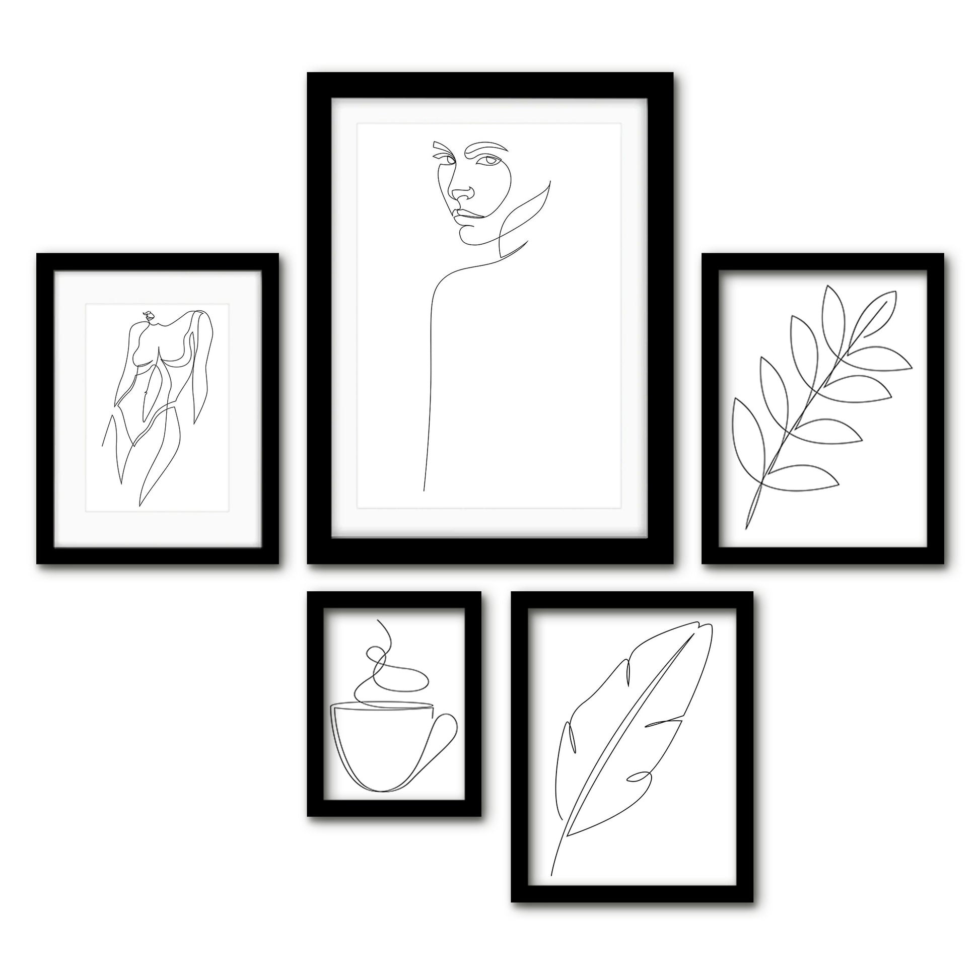 Americanflat 5 Piece Black Framed Gallery Wall Art Set - Black Line Art Botanical & Female Silhouettes