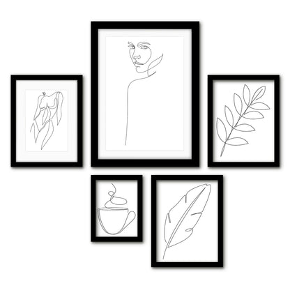 Americanflat 5 Piece Black Framed Gallery Wall Art Set - Black Line Art Botanical & Female Silhouettes