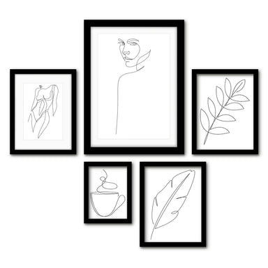 Americanflat 5 Piece Black Framed Gallery Wall Art Set - Black Line Art Botanical & Female Silhouettes