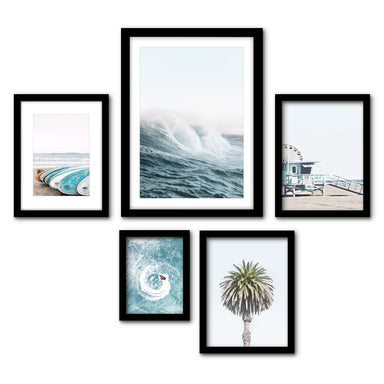 Americanflat 5 Piece Black Framed Gallery Wall Art Set - Blue Coastal Beach Surf