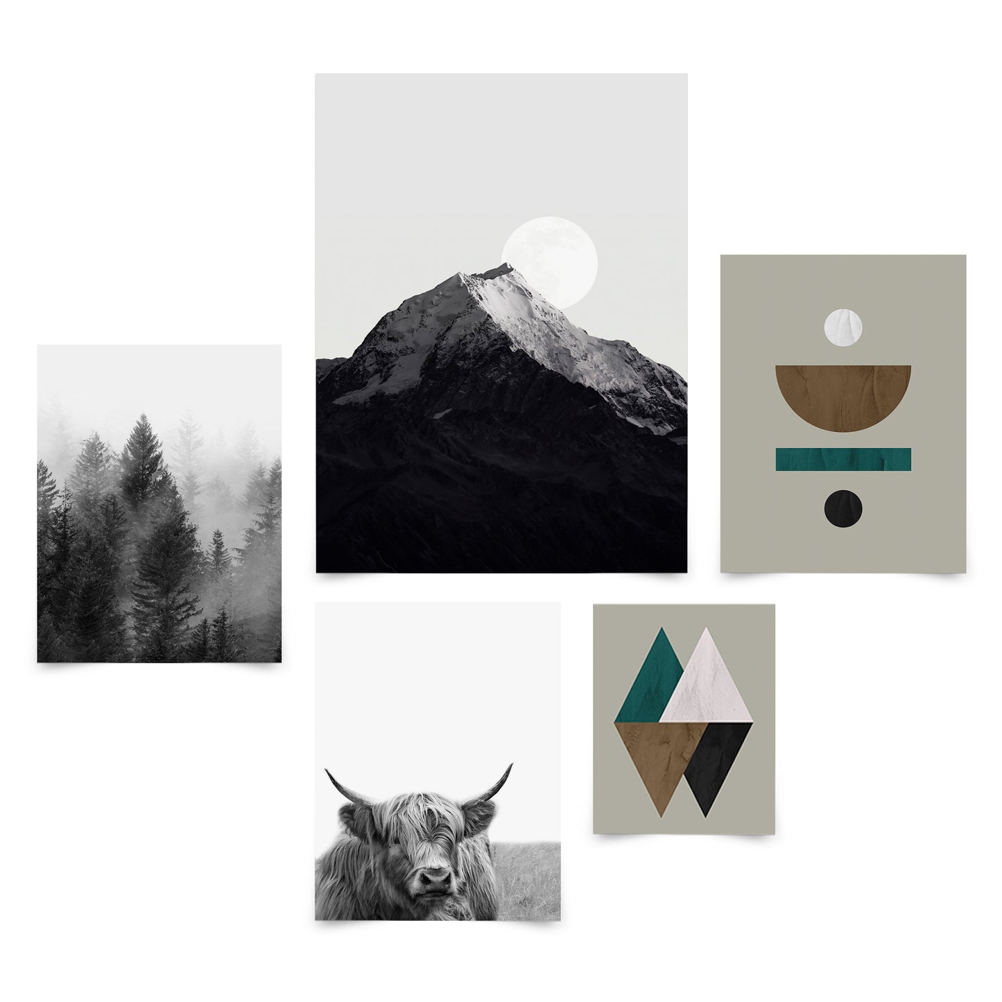 5 Piece Poster Gallery Wall Art Set - Black & White Landscape & Earth Tones Abstract Nature - Print