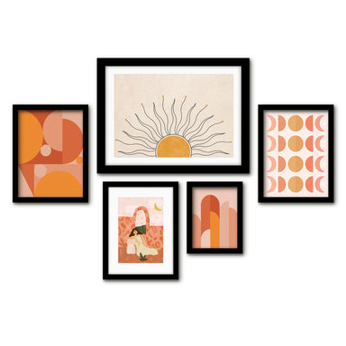 Americanflat 5 Piece Black Framed Gallery Wall Art Set - Pink & Orange Feminine Peace Sun