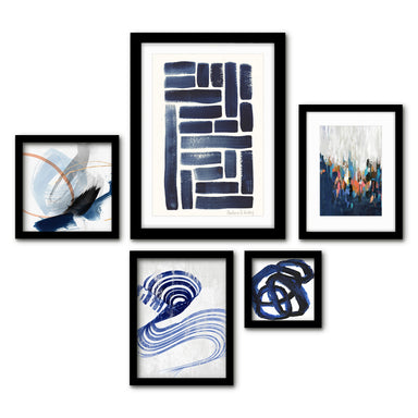 Americanflat 5 Piece Black Framed Gallery Wall Art Set - Blue Abstract Shapes Pattern