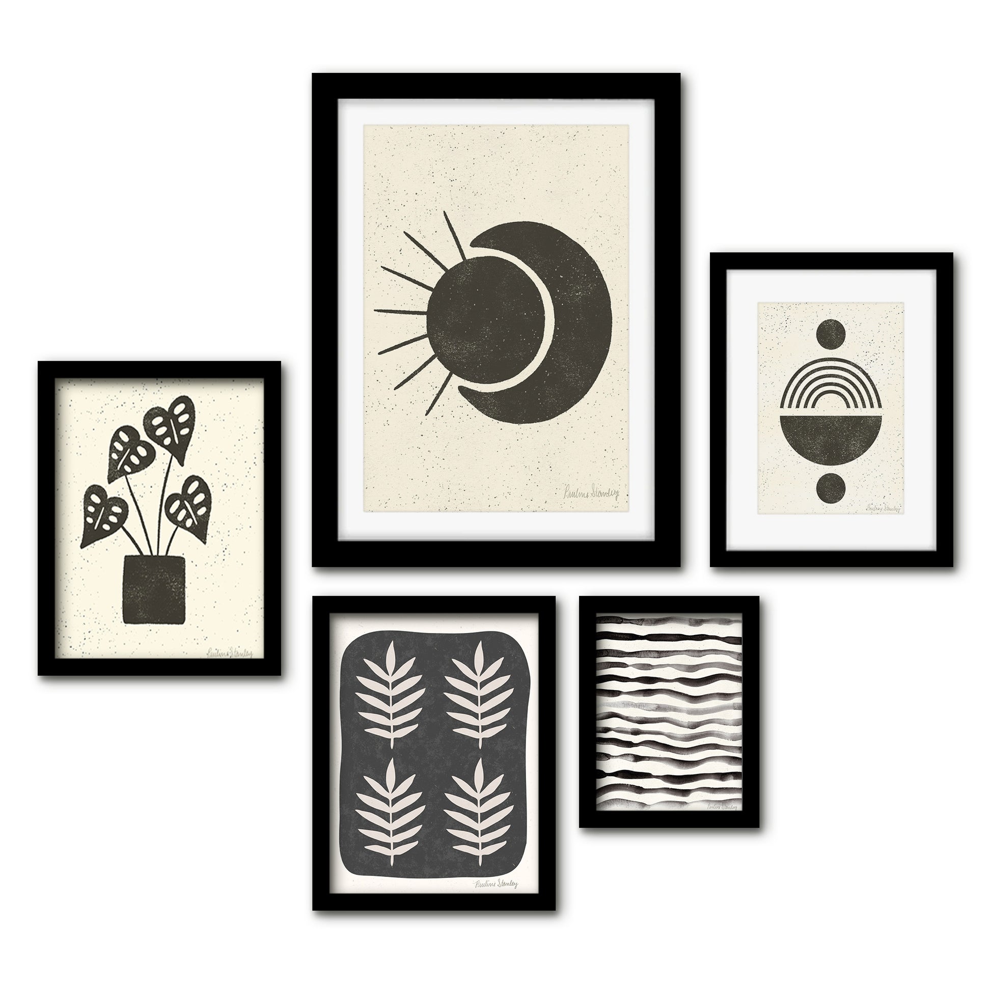 Americanflat 5 Piece Black Framed Gallery Wall Art Set - Black & Beige Leaves Pattern