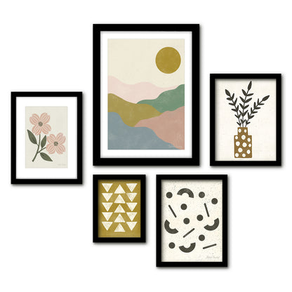 Americanflat 5 Piece Black Framed Gallery Wall Art Set - Pastel Pink & Green Botanical Abstract L&scape