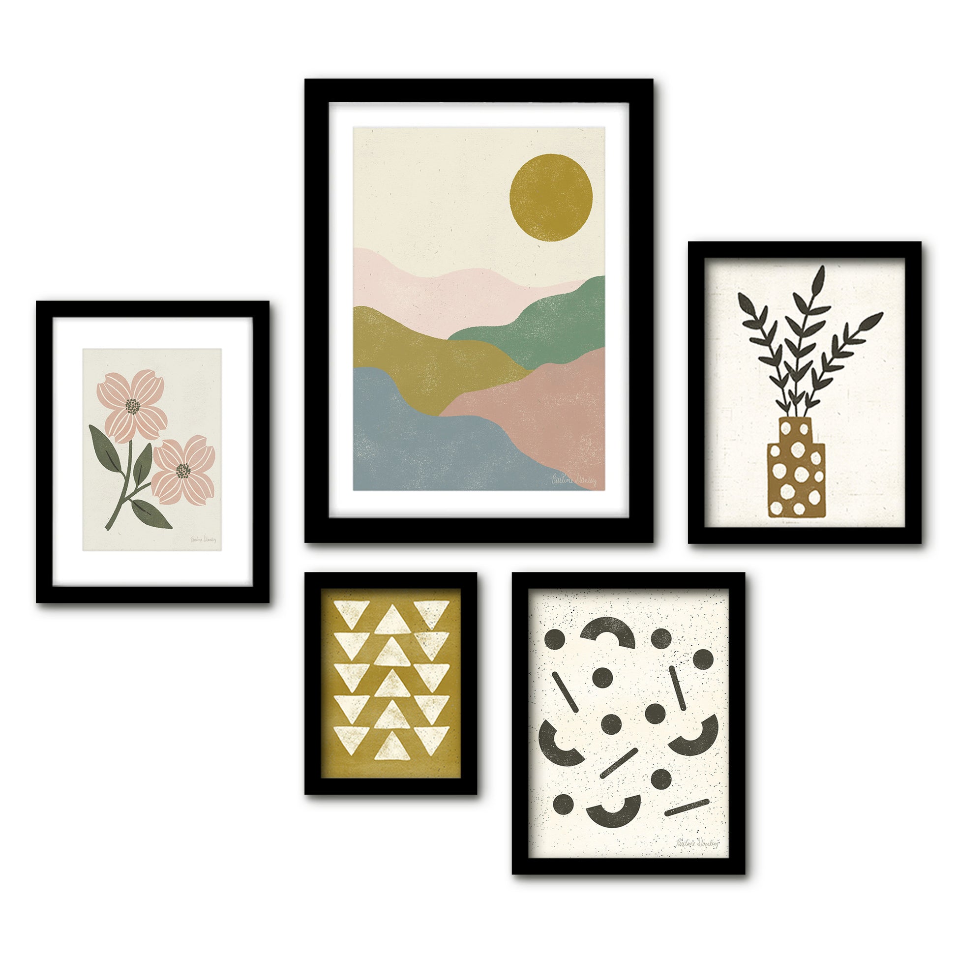 Americanflat 5 Piece Black Framed Gallery Wall Art Set - Pastel Pink & Green Botanical Abstract L&scape