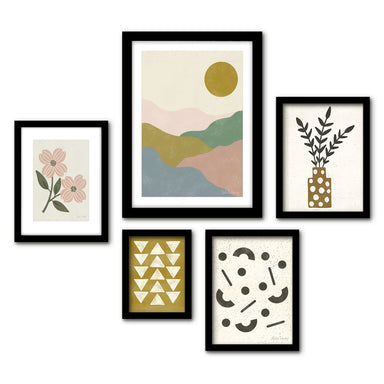 Americanflat 5 Piece Black Framed Gallery Wall Art Set - Pastel Pink & Green Botanical Abstract L&scape